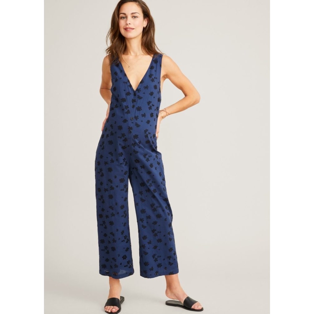 HATCH Floral Eyelet Jumpsuit Navy Blue Button Front Size 1 Small